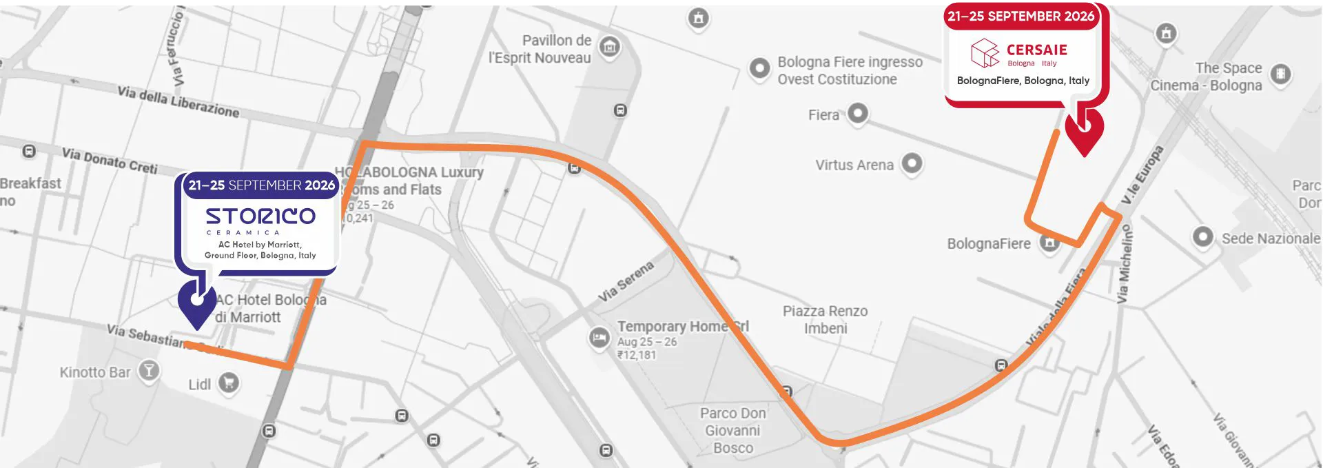 Route map from Storico Ceramica at the AC Hotel by Marriott to Cersaie at BolognaFiere, Bologna